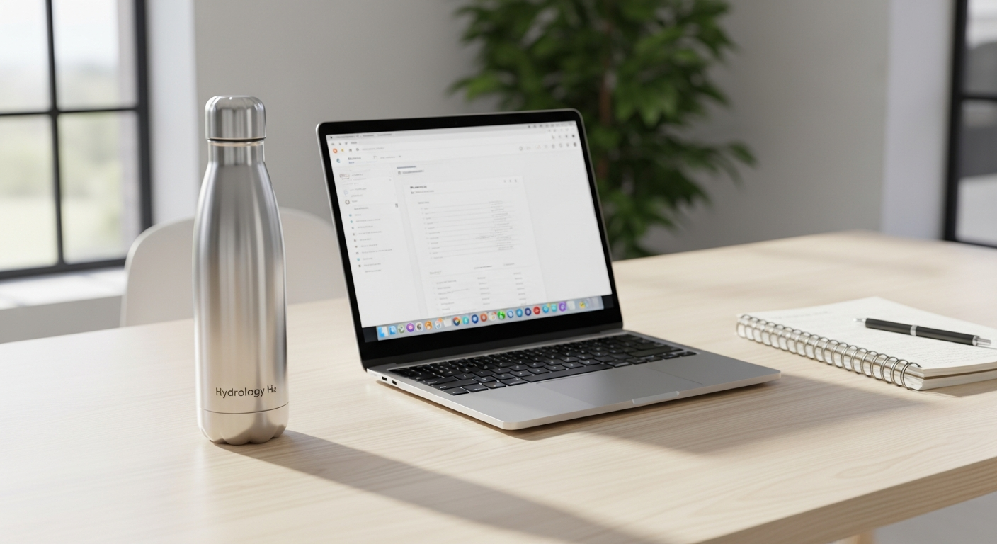 Hydrology H2 Insulated Water Bottle with interchangeable lids displayed on professional office desk