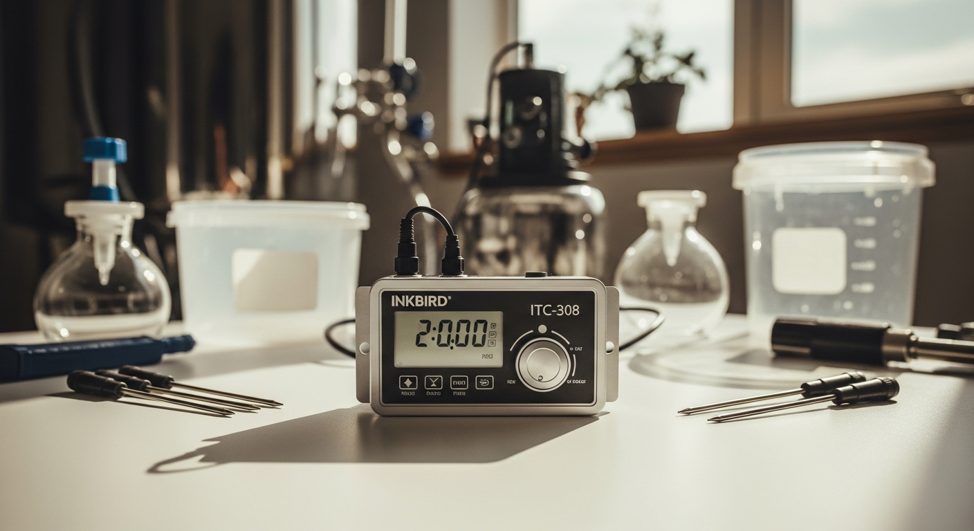 Inkbird ITC-308 dual stage temperature controller display showing fermentation temperature monitoring