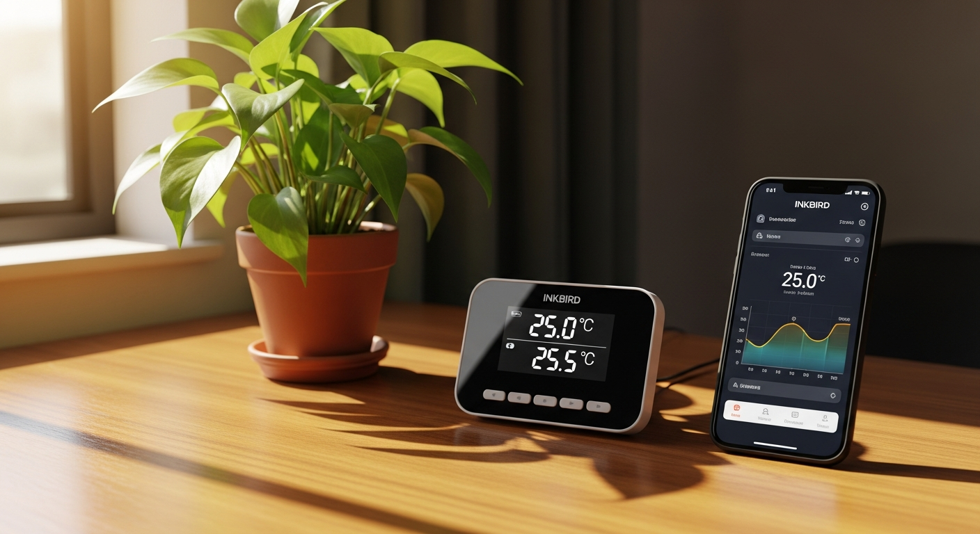 Inkbird ITC-308 WiFi Temperature Controller device with dual LCD display and relay outputs for heating and cooling control