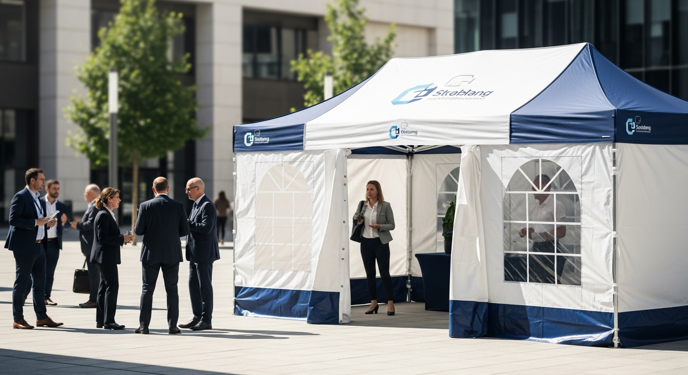 INTEROUGE 3x3m folding event tent with customizable branding displayed at outdoor market event