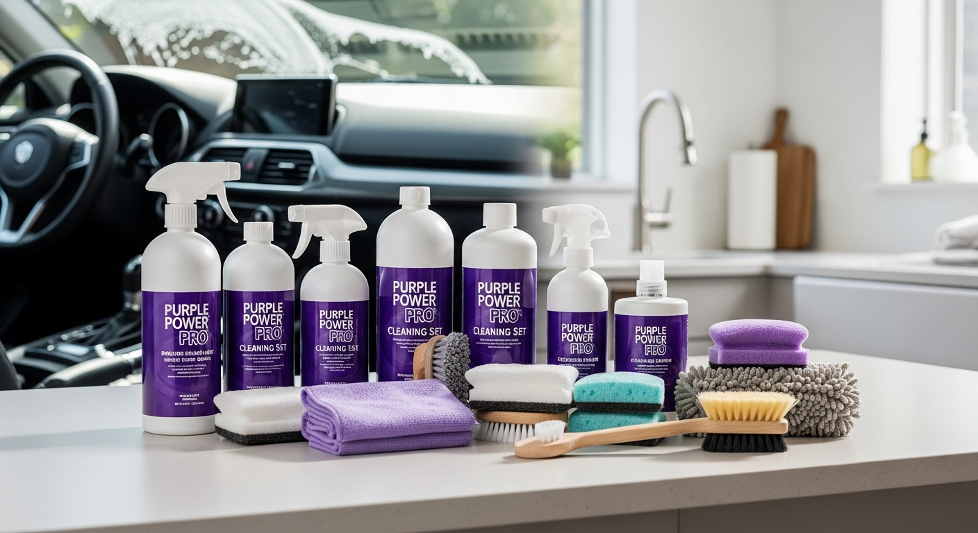 Purple Power Pro Cleaning Set three aerosol cans displayed with cleaning supplies