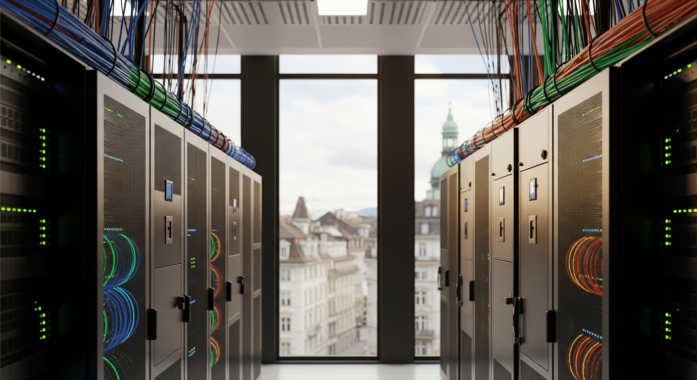 Swiss data center server room with renewable energy infrastructure and European business network visualization