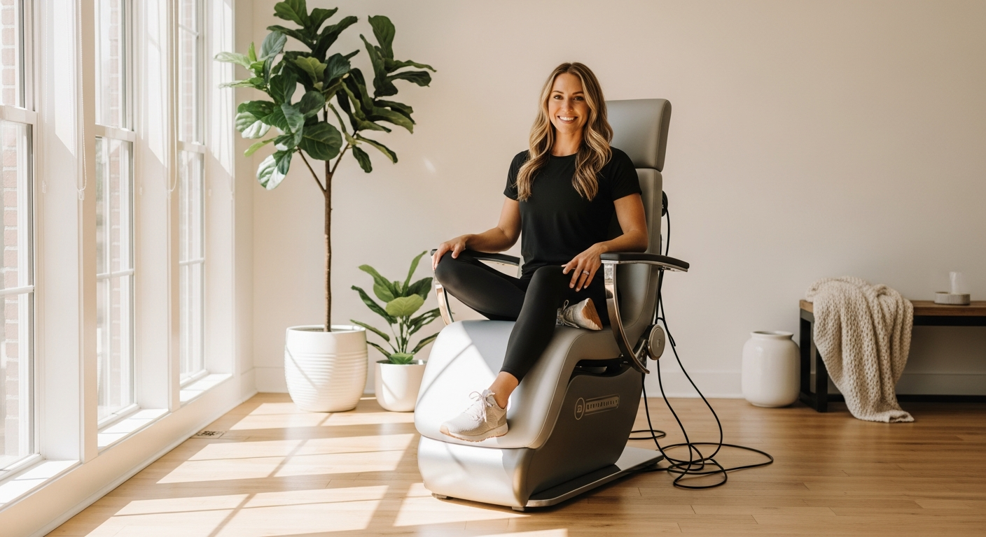 Woman using a pelvic floor EMS chair for postpartum recovery and non-surgical butt lifting treatment