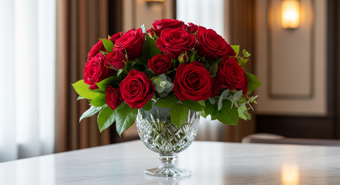 InterRose Classic Red Rose Bouquet with long stems and generous heads in elegant packaging