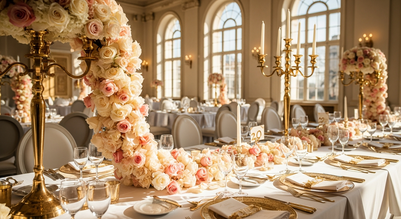 Luxurious fresh rose petals in multiple vibrant colors arranged for elegant event decoration