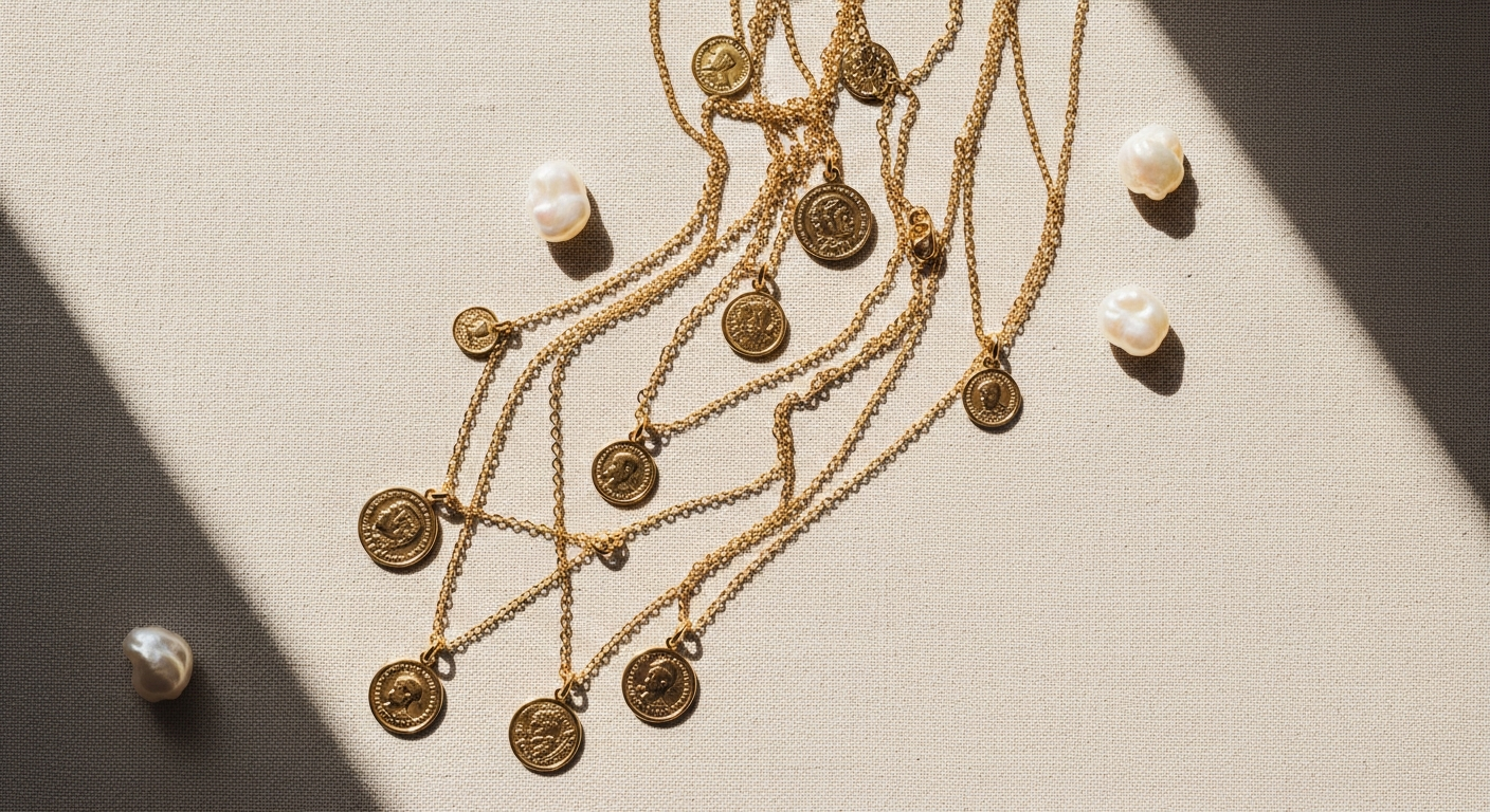 Jane Win Original Coin Pendant Necklace displayed on layered chains showing symbolic designs