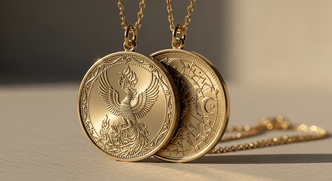 Jane Win Grace Original Pendant Coin Necklace in 14k gold-plated sterling silver with morning glories and star design