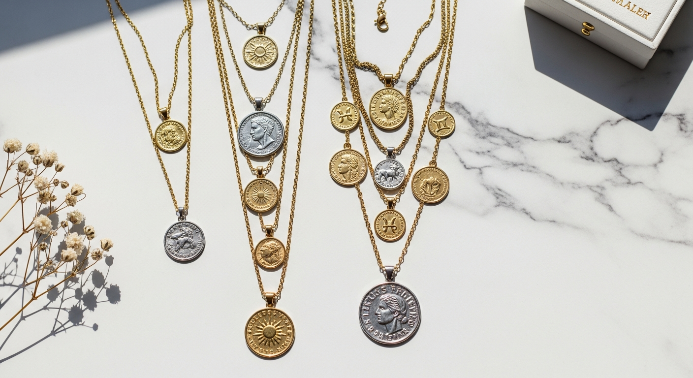 Gold-plated coin pendants layered on delicate and chunky chains showcasing personalized necklace stacking