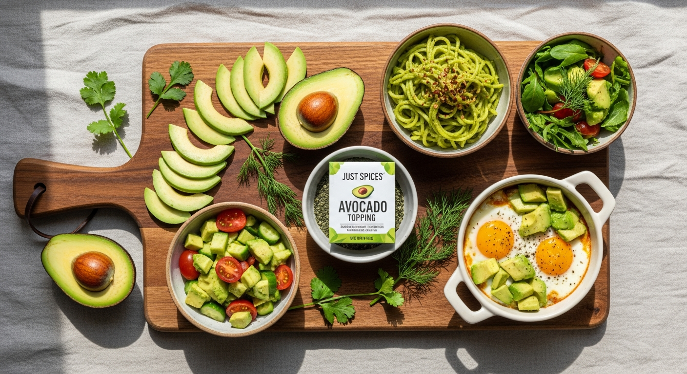 Just Spices Avocado Topping Spice Blend in a premium container with fresh avocado and salad ingredients