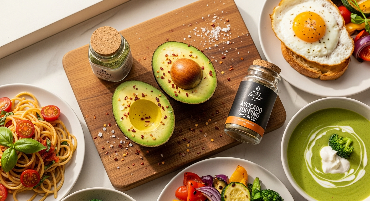Just Spices Avocado Topping Spice Blend in a glass jar with fresh avocado and herbs