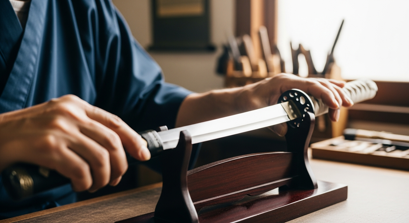 Custom forged Japanese samurai katana with personalized tsuba and wrapped handle displayed on traditional stand