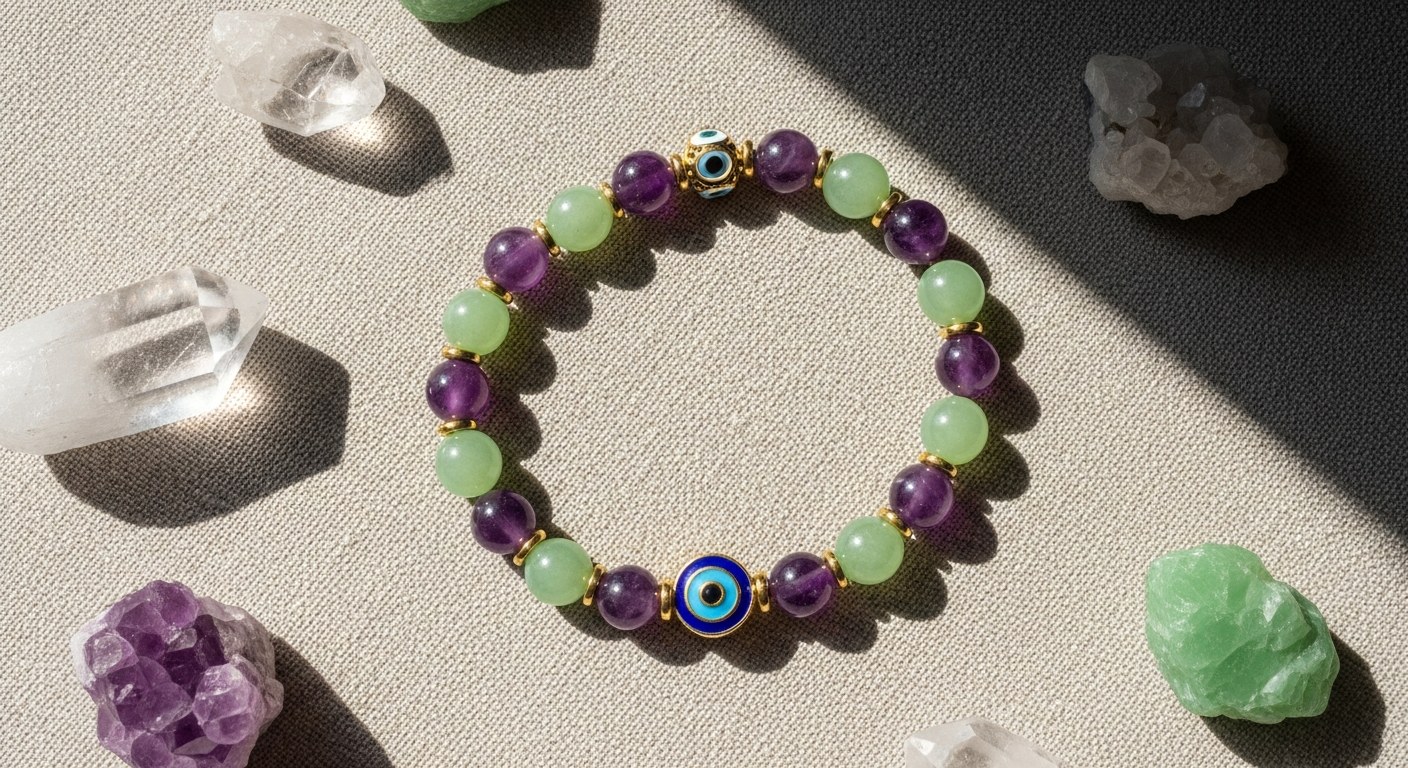 Handcrafted Prosperity Magnet Jade Amethyst Evil Eye Bracelet with sterling silver and natural gemstones