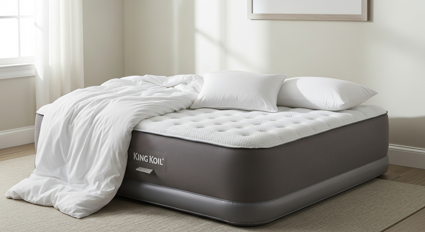 King Koil Luxury Raised Air Mattress with built-in pump fully inflated in guest bedroom setting