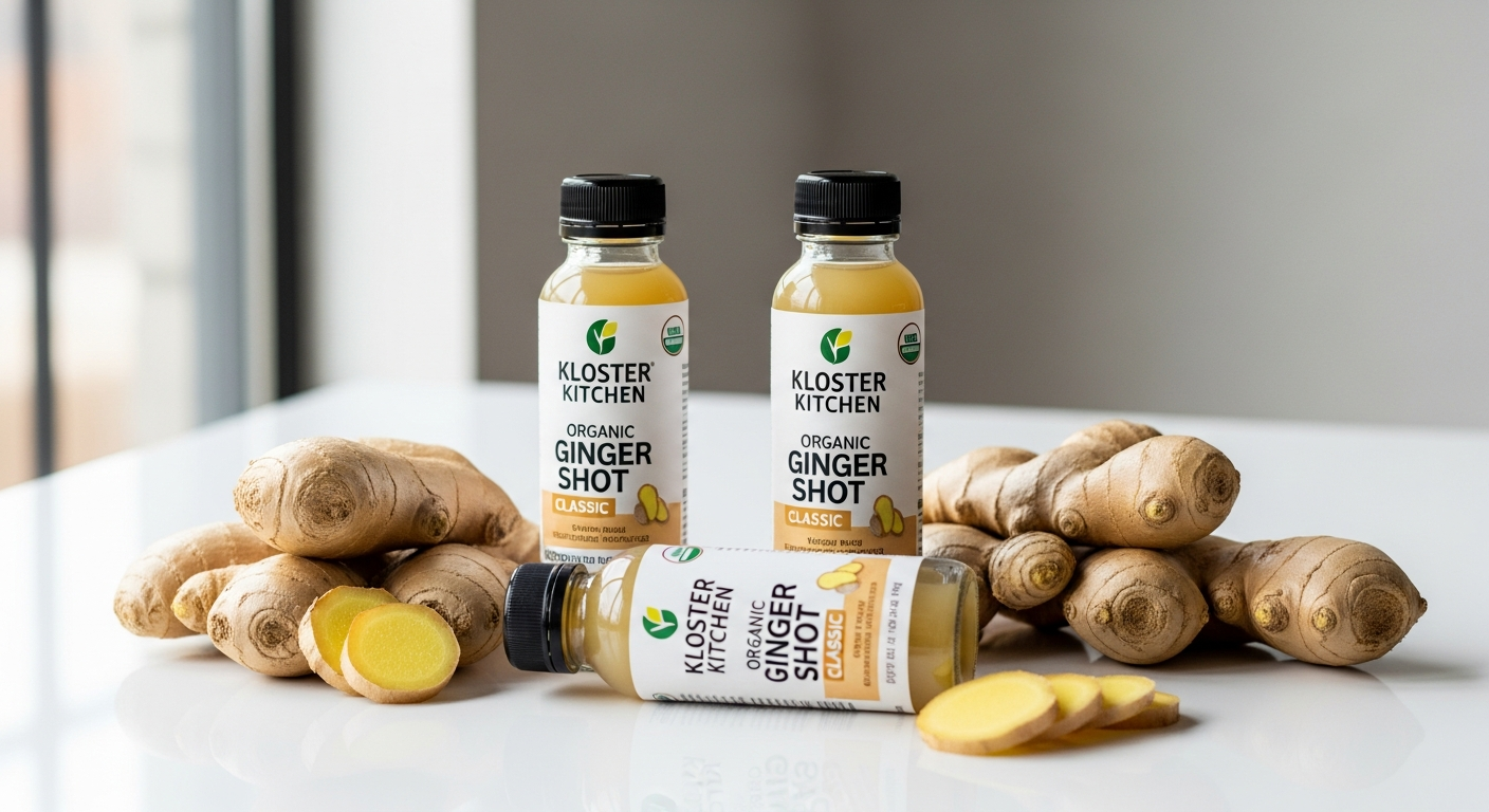 Kloster Kitchen Organic Ginger Shot Classic bottle with real ginger pieces visible inside