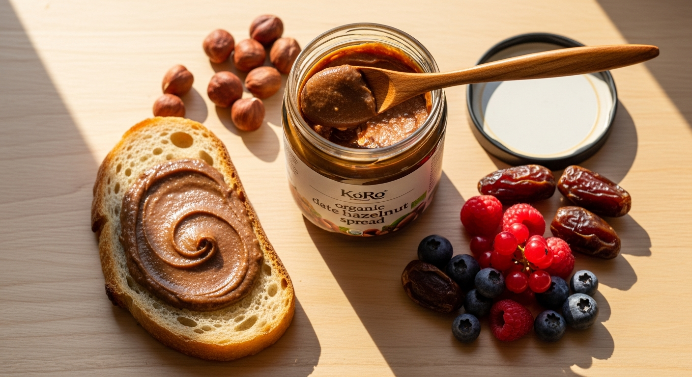 KoRo Organic Date Hazelnut Spread jar displayed with fresh dates and hazelnuts on wooden surface