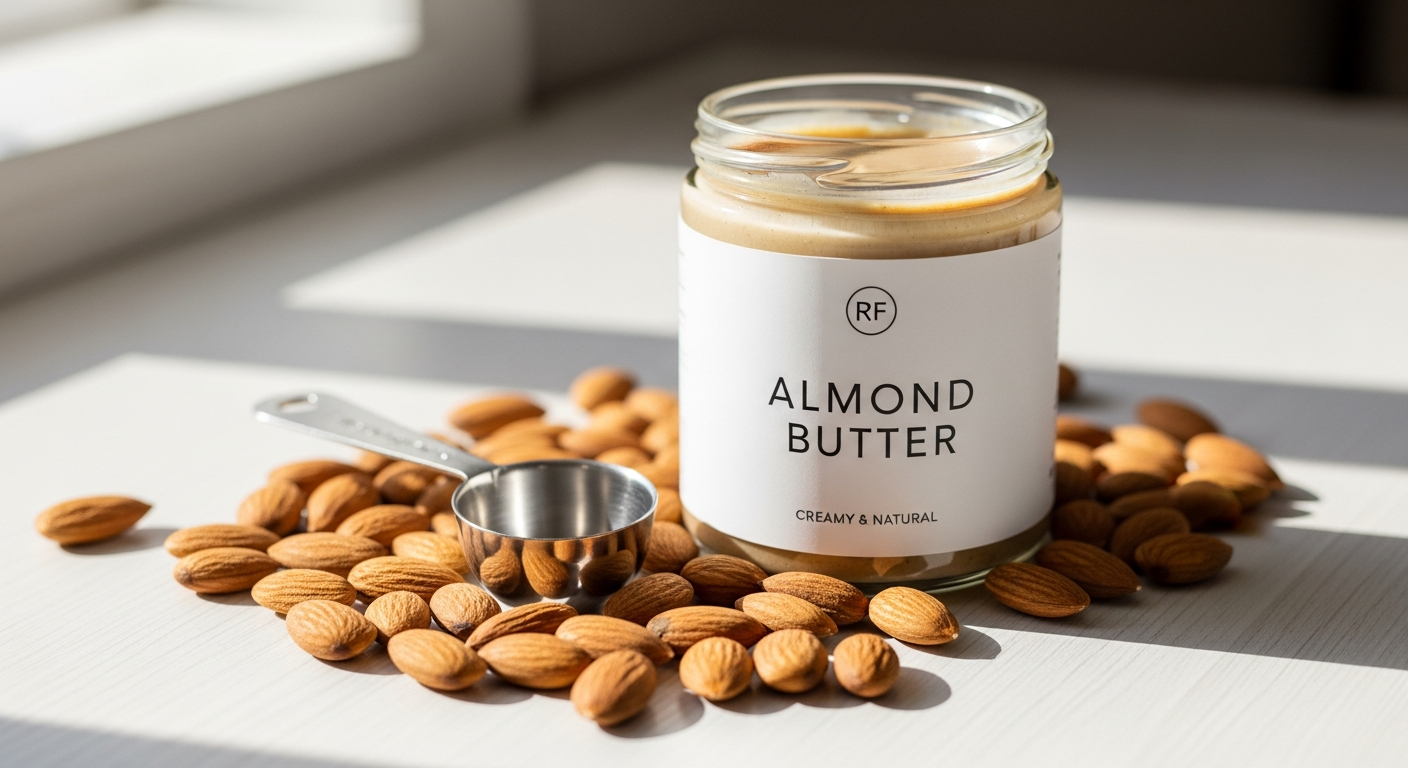 Creamy white almond butter in glass jar with blanched almonds scattered around it