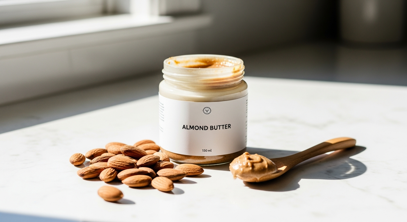 KoRo White Almond Butter Creamy jar displayed with fresh almonds and a wooden spoon on white background