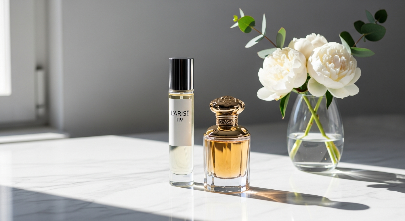 L'ARISÉ 119 perfume bottle with jasmine flowers and amber crystals on white background