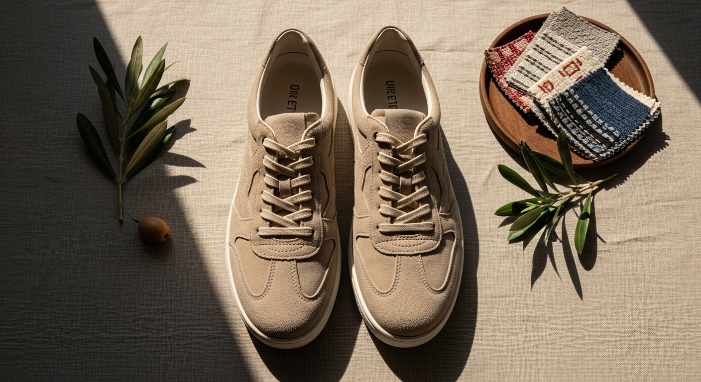 Beige suede Springa Wavy sneakers displayed on neutral background showcasing Italian craftsmanship