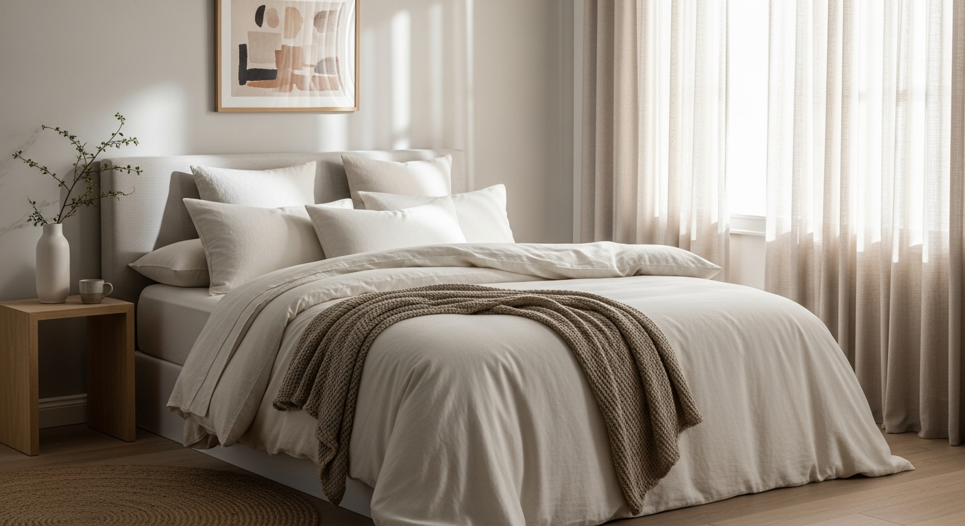 Luxurious French linen duvet cover set in neutral tones on a modern bedroom bed