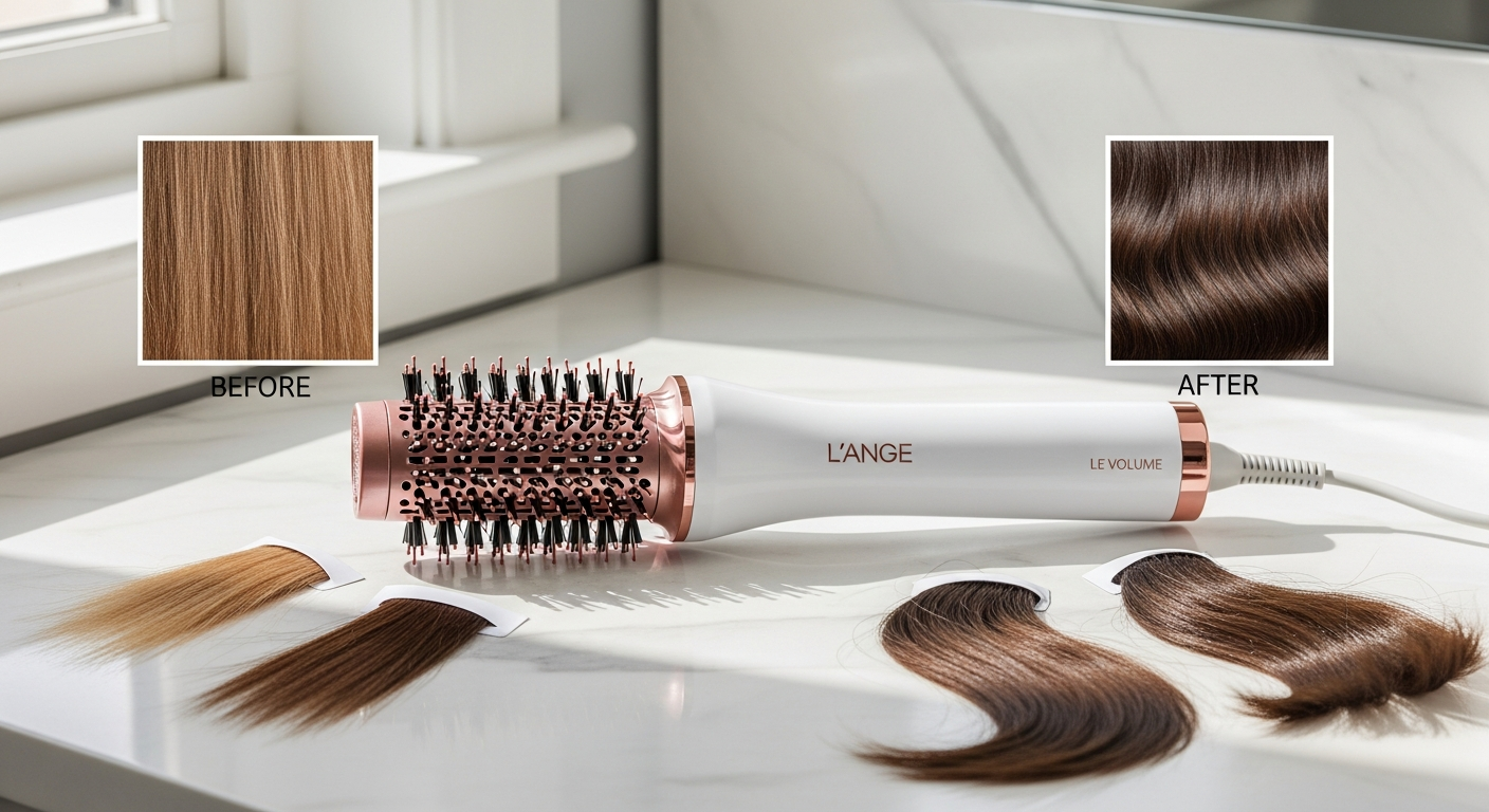 L'ange Le Volume 2-in-1 Volumizing Brush Dryer with titanium barrel and ionic technology for salon-quality blowouts
