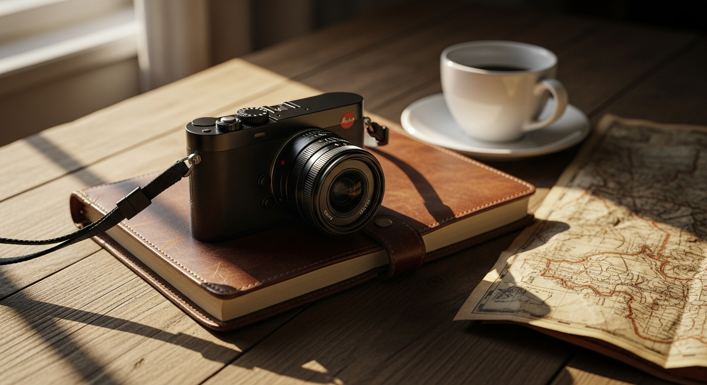 Leica Q3 premium full-frame compact camera with fixed 28mm lens displayed on wooden surface