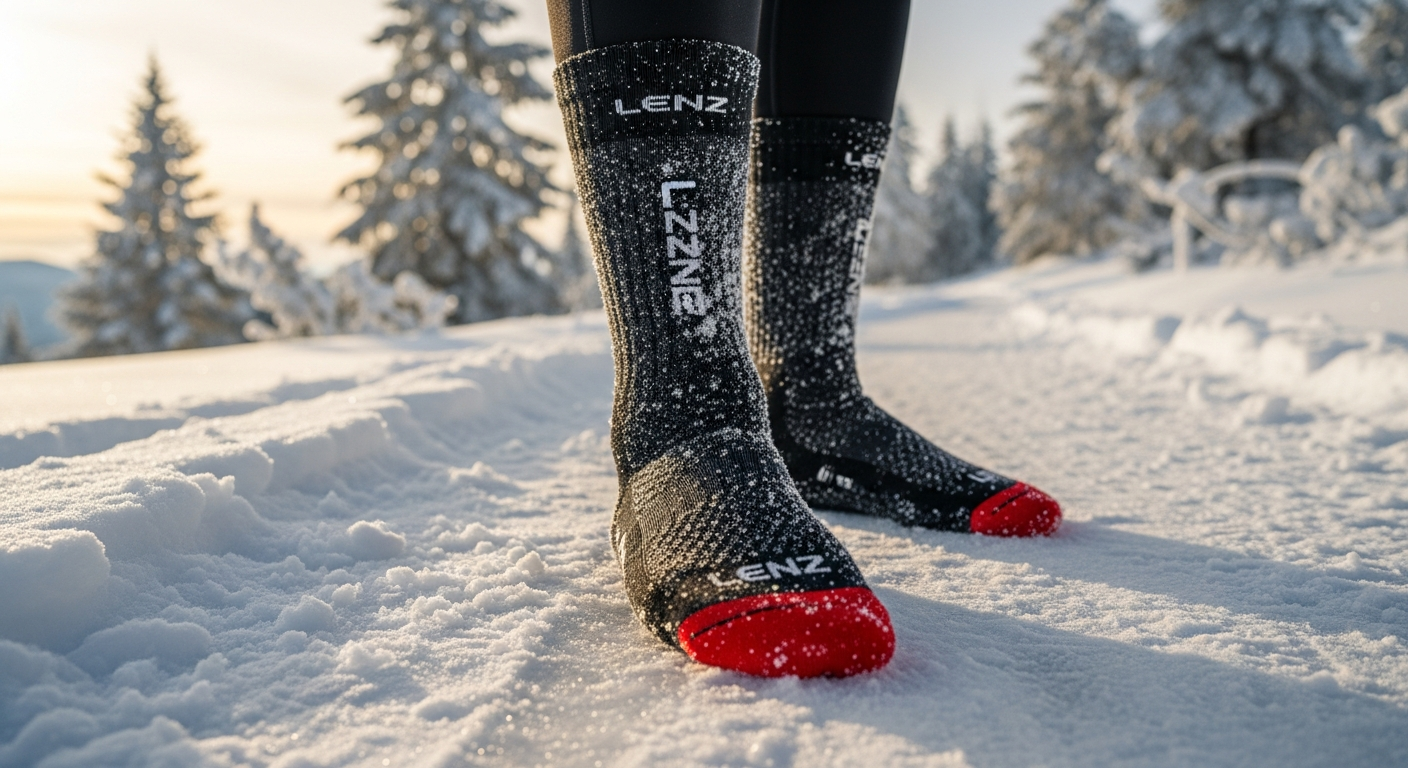 Lenz heated socks with toe cap technology displayed showing battery pack and smartphone app control interface