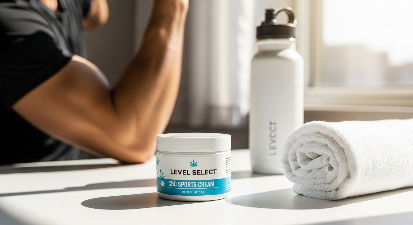 Level Select CBD Sports Cream container displayed with muscle relief and athletic recovery benefits highlighted