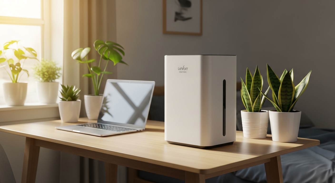 Levoit Core 300S Smart Air Purifier displayed in a modern bedroom with soft lighting and minimalist decor