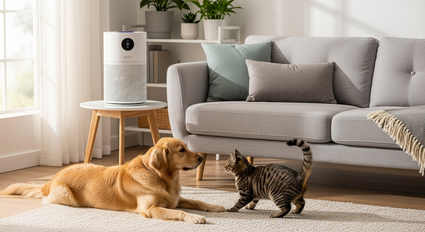 Levoit Core 300S Smart Air Purifier removing pet dander and allergens in a modern home living room