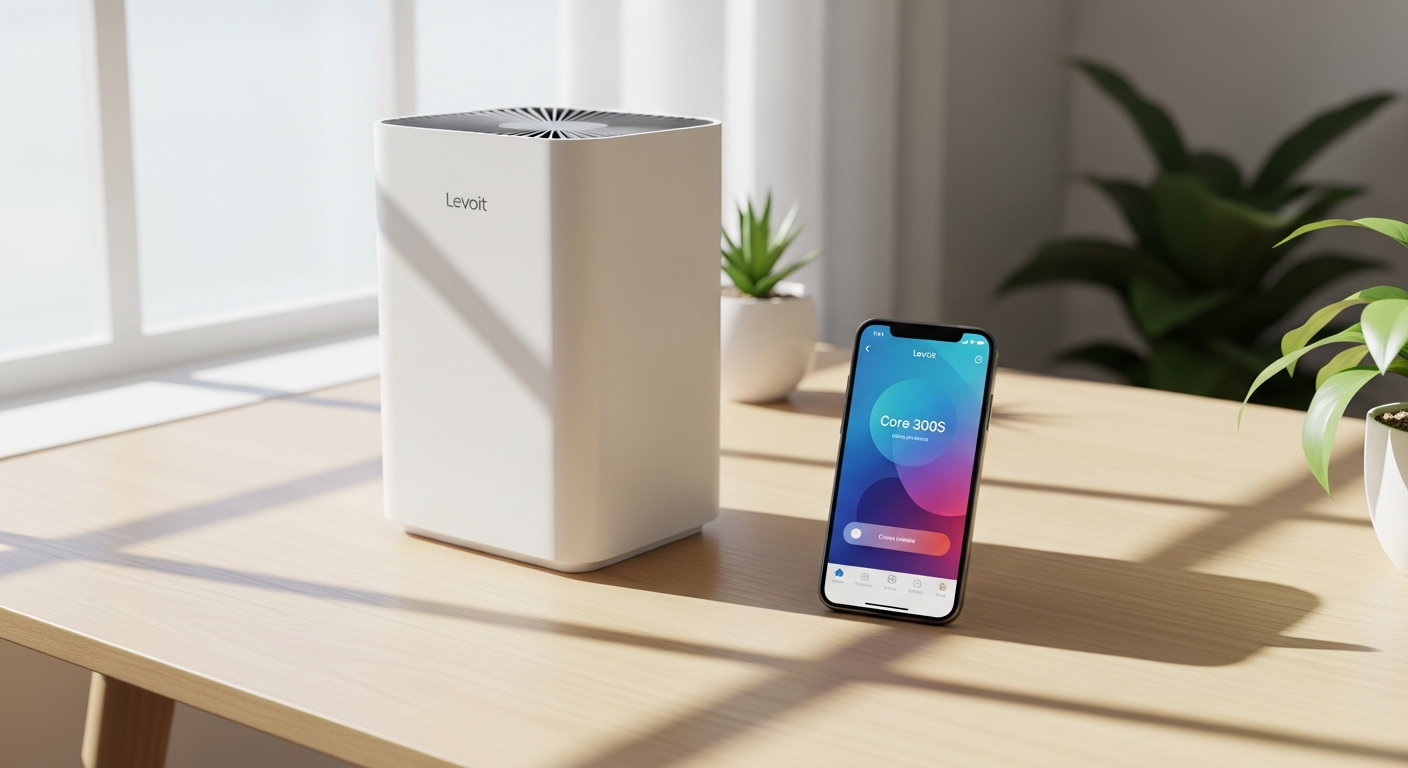 Levoit Core 300S Smart Air Purifier displayed on white background showing compact design and control panel