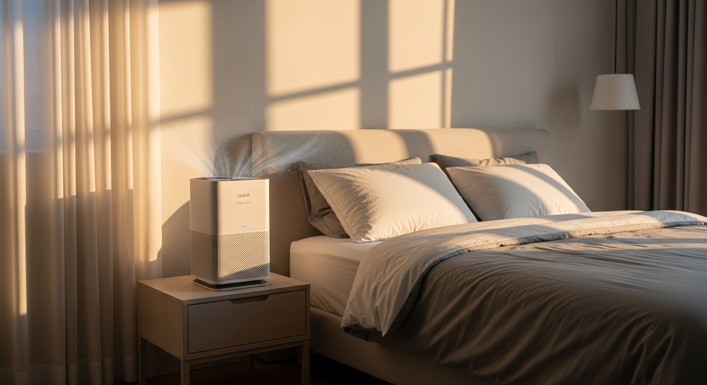 Levoit Core 300S Smart Air Purifier sitting on a bedroom nightstand with soft lighting and plants in background