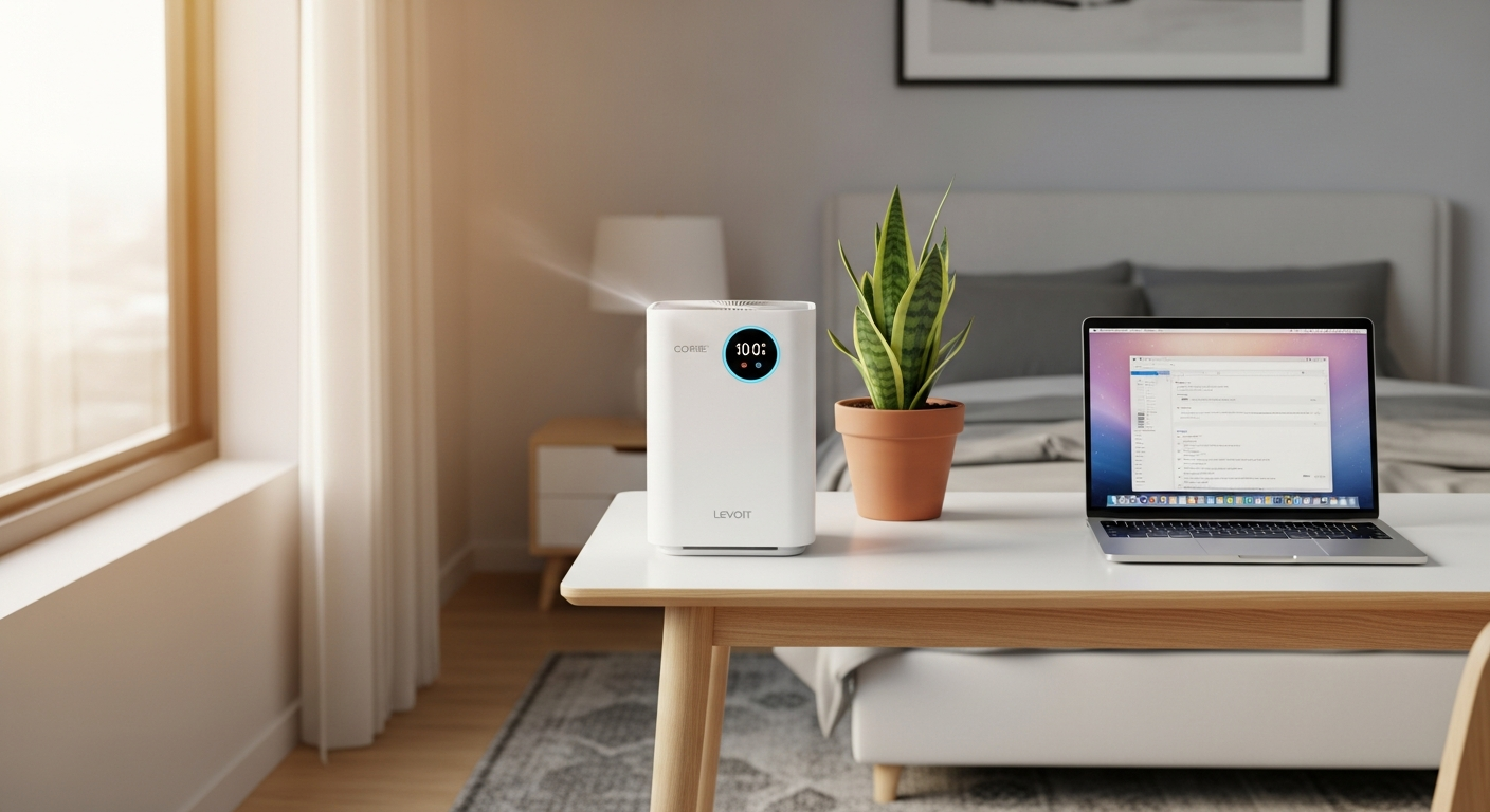 Levoit Core 300S Smart HEPA Air Purifier displayed in a modern bedroom with soft lighting and minimalist decor