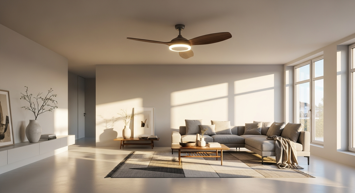 Modern ceiling light with integrated fan fixture in contemporary living room setting