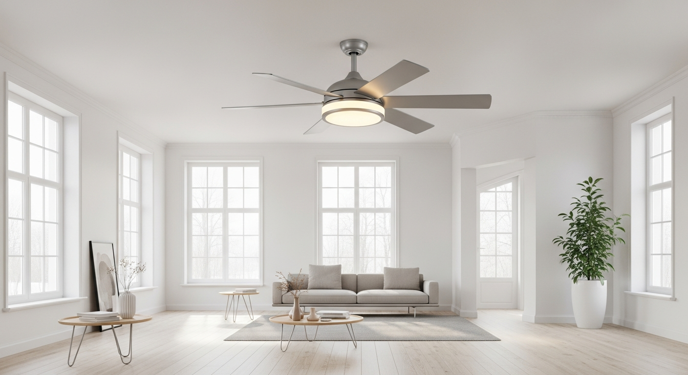 Modern designer ceiling fan light fixture combining elegant illumination with whisper-quiet air circulation for contemporary homes