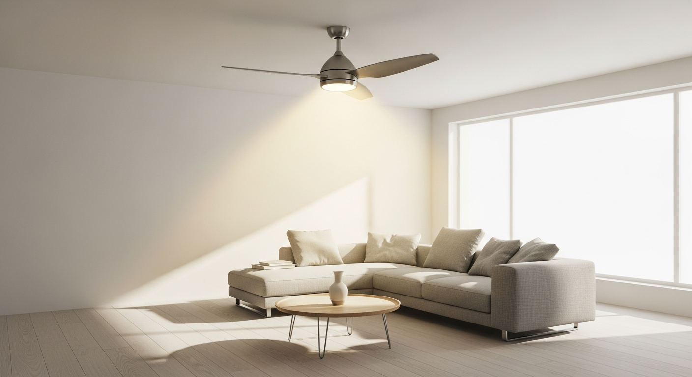 Modern ceiling fan light fixture with integrated LED lighting and brushed metal finish in contemporary home