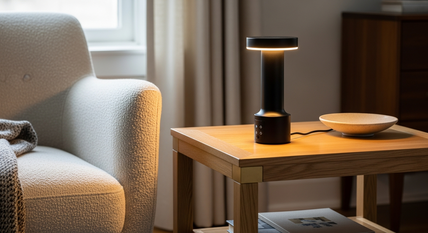 Nuindie Tango portable accent lamp with rotatable shade and magnetic wall mount in modern living room