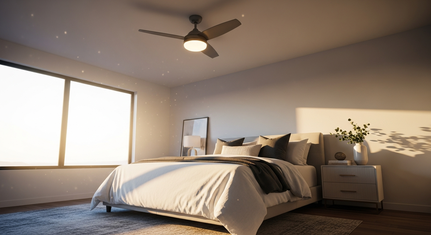 Modern premium ceiling fan light fixture with integrated LED illumination and whisper-quiet operation in contemporary bedroom setting
