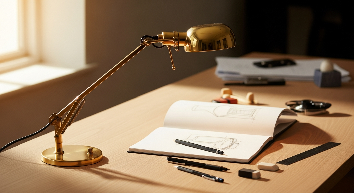 Anglepoise Original 1227 Brass Desk Lamp with Ink Blue finish positioned on a designer's workspace