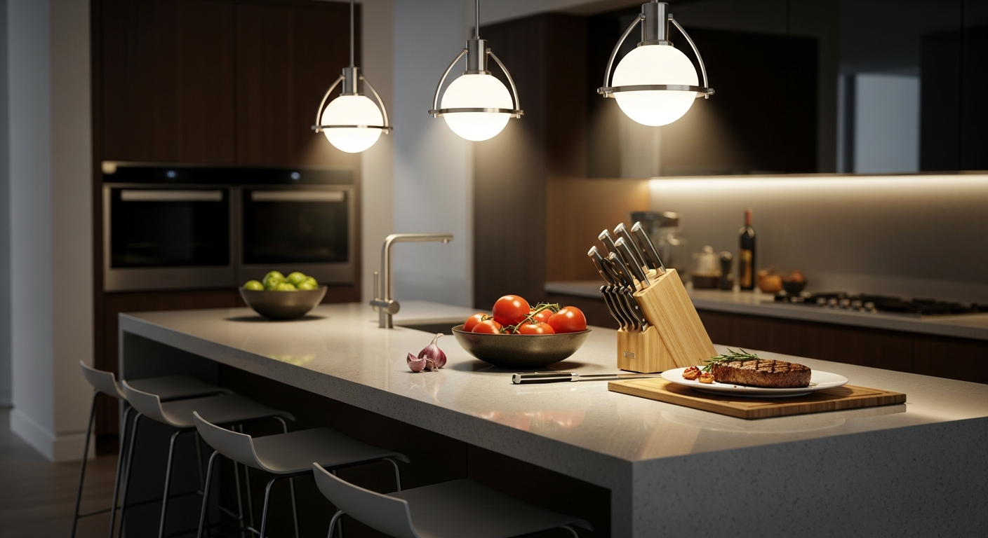 Modern LED pendant ceiling lights illuminating a contemporary kitchen island workspace