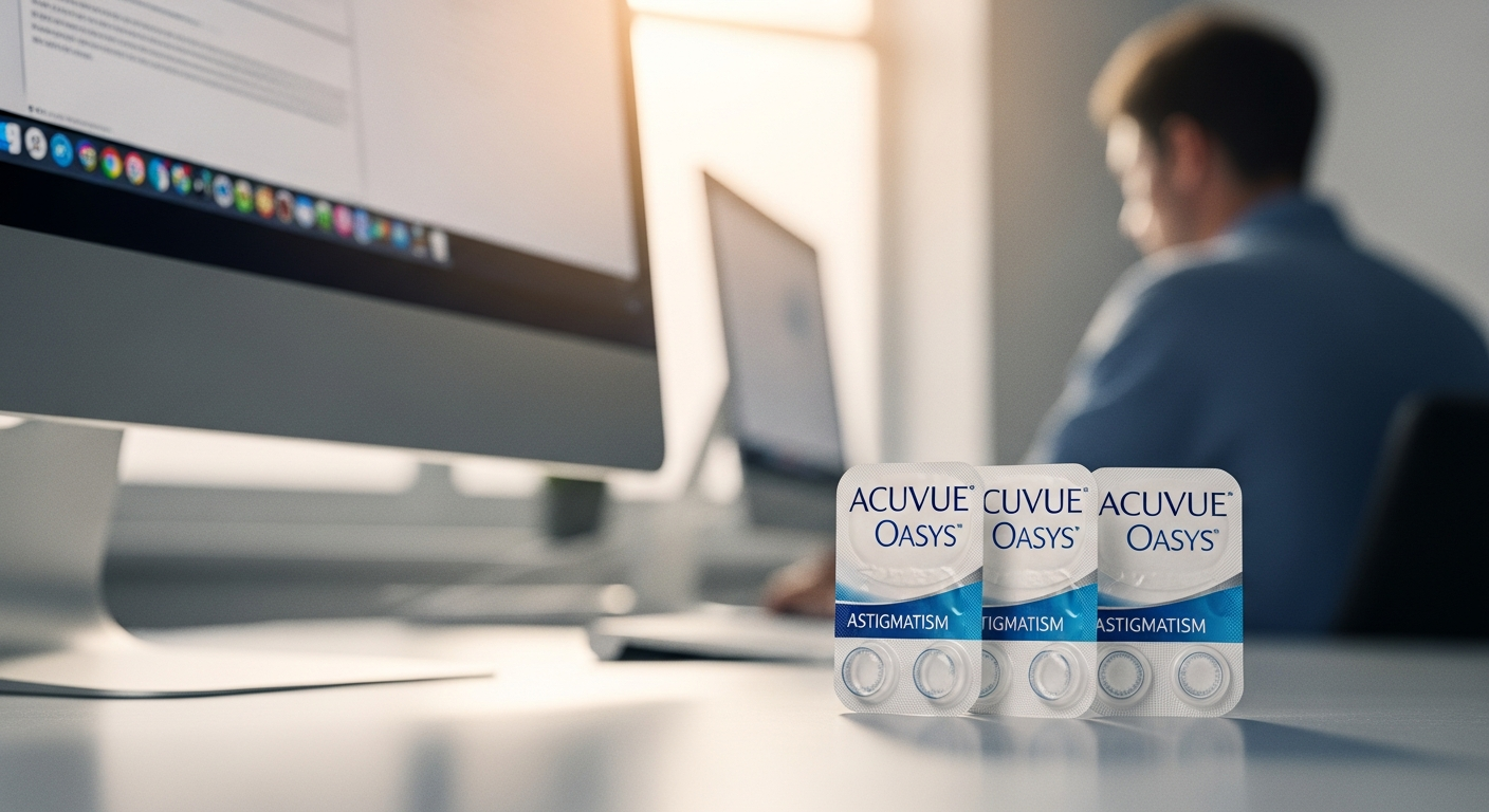 Acuvue Oasys Astigmatism 14-day contact lenses in packaging displayed with solution bottle and case