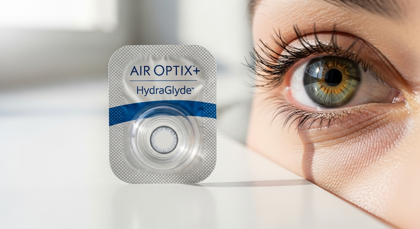 Air Optix plus HydraGlyde monthly contact lenses in packaging with hydration technology visualization