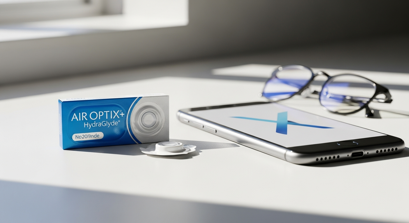 Air Optix plus HydraGlyde monthly contact lenses in blue-tinted packaging displayed on white background