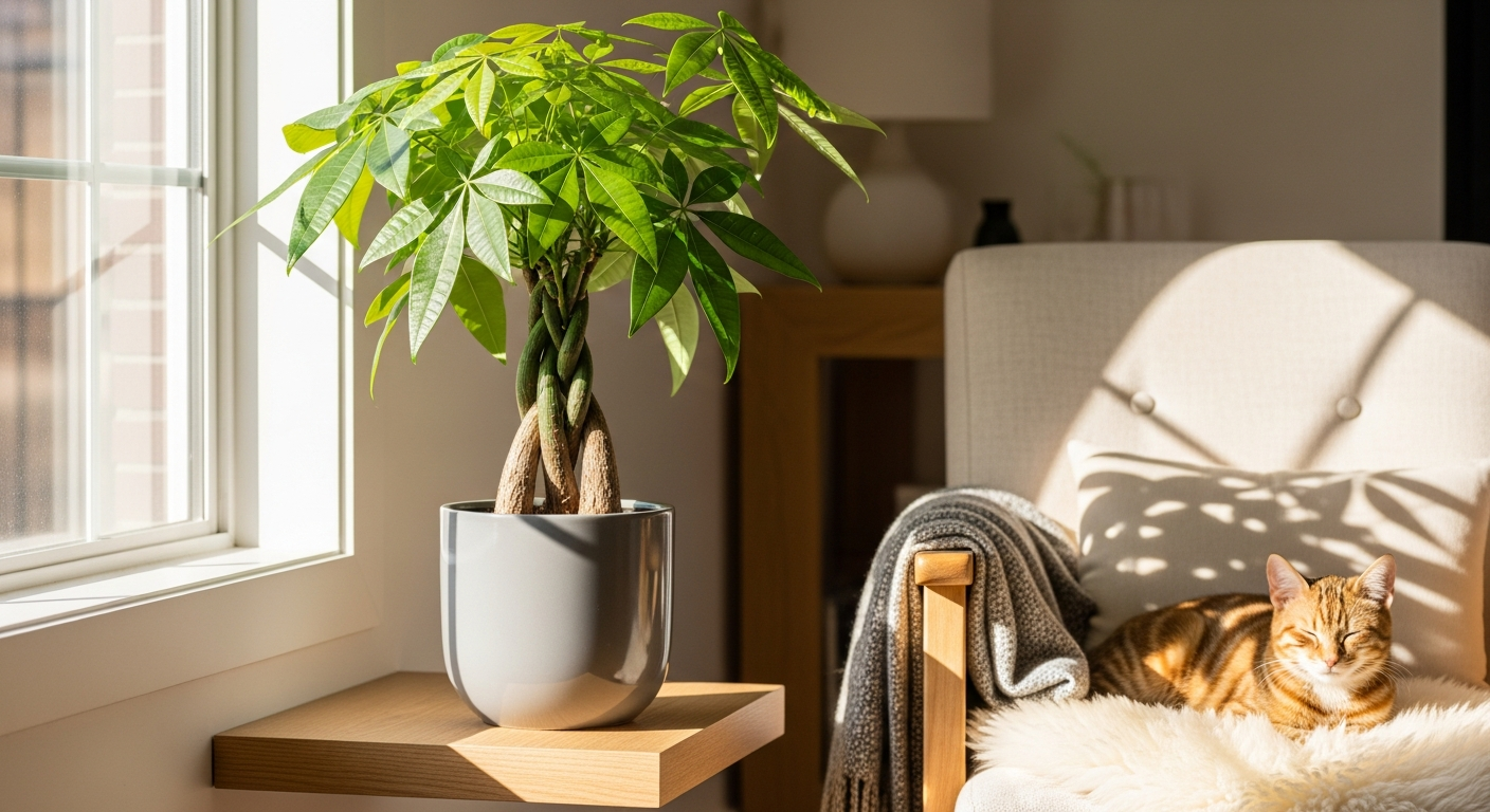 Lively Root Braided Money Tree Plant with glossy green foliage and distinctive braided trunk in modern home setting
