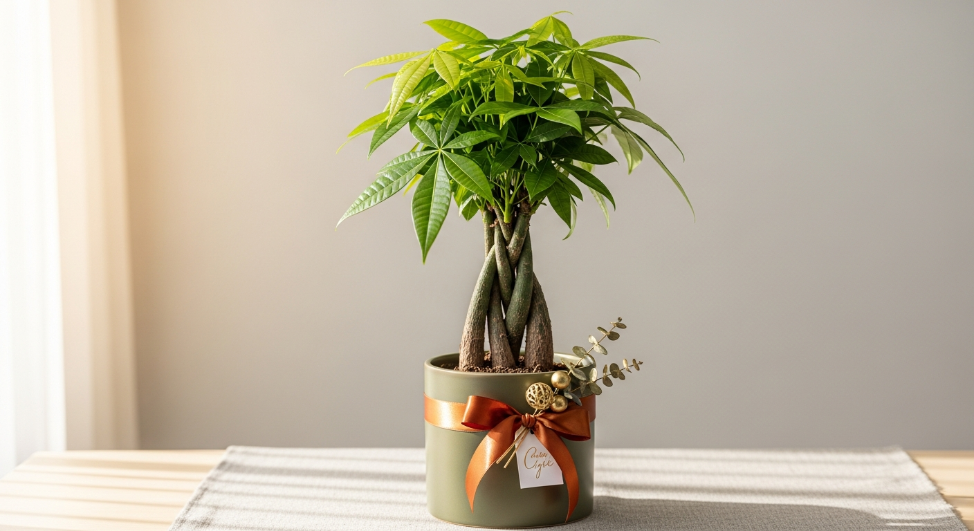 Lively Root Braided Money Tree Plant with glossy green leaves and distinctive braided trunk in decorative pot