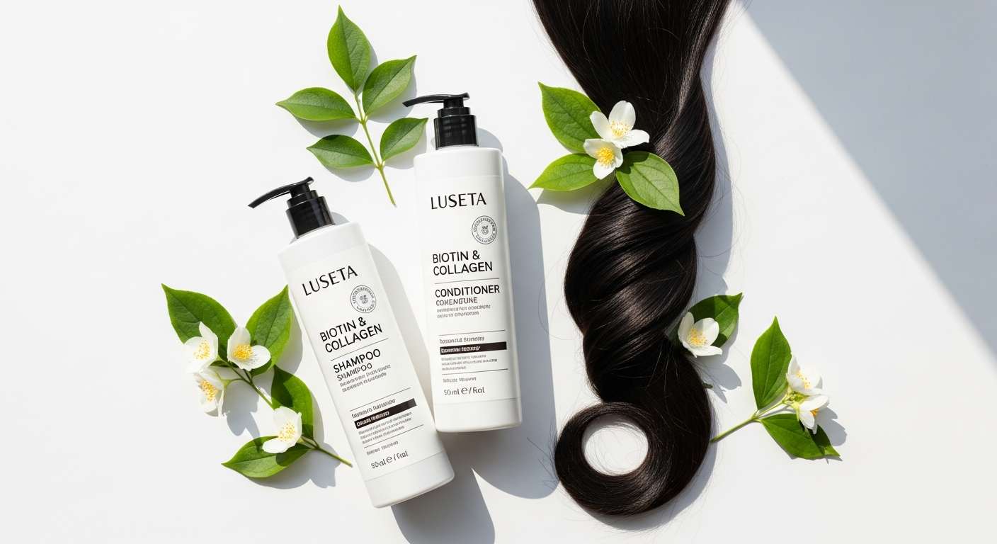 Luseta Biotin and Collagen Thickening Shampoo and Conditioner bottles displayed with biotin and collagen ingredients