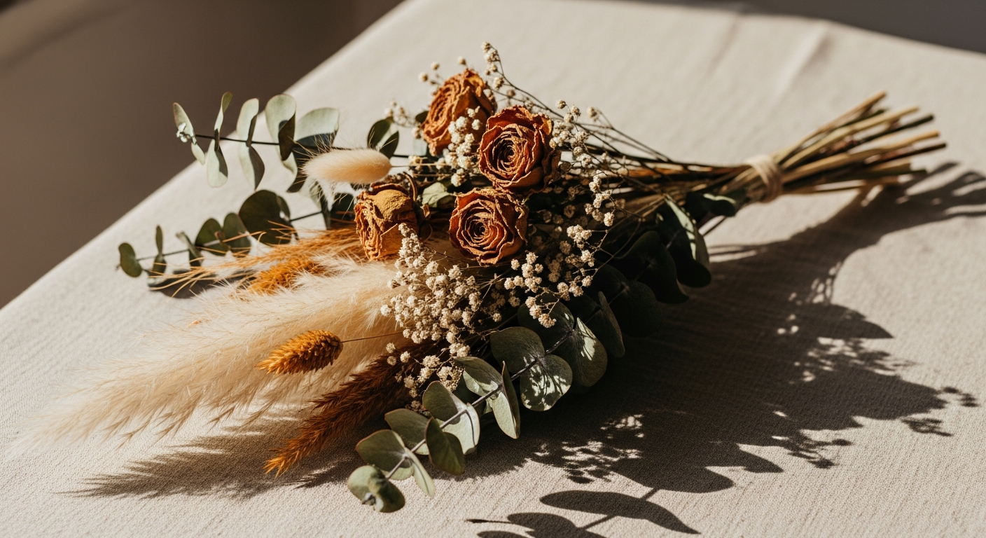 Hand-tied dried flower bouquet with pampas grass and eucalyptus in soft pastel colors