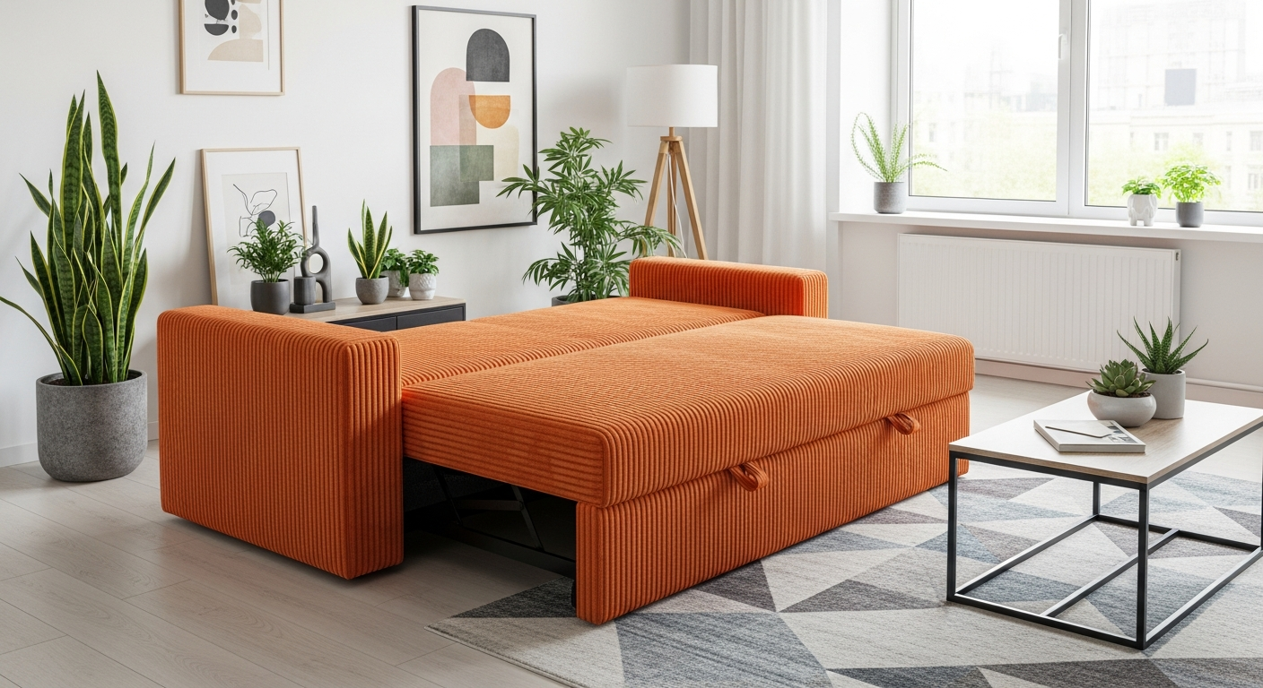 Squirrel orange corduroy velvet two-seater convertible sofa with clic-clac mechanism in modern apartment
