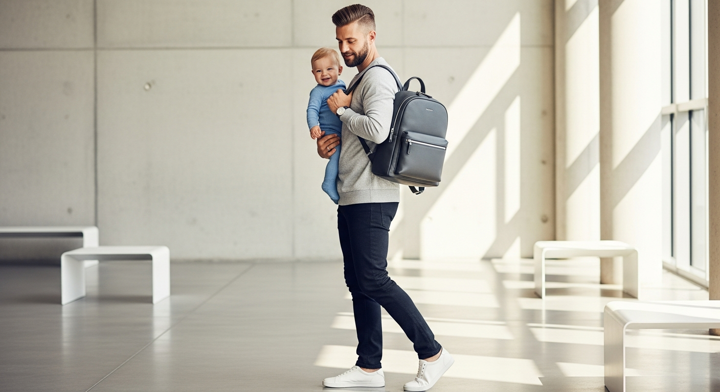 Modern vegan leather diaper backpack in neutral colors displayed on white background