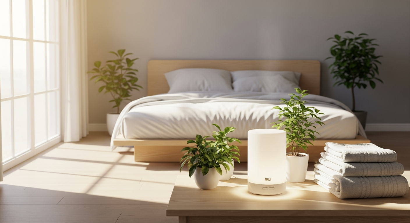 MUJI Aroma Diffuser with Light displaying minimalist design with soft ambient lighting and essential oil misting capability